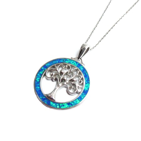 Sterling Silver Blue Fire Opal Tree of Life Pendant - Click Image to Close